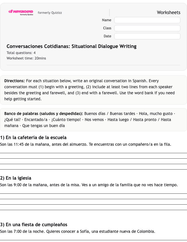Conversaciones Cotidianas: Situational Dialogue Writing - Dapat dicetak Spanyol Lembar-kerja Kelas 7 - Wayground