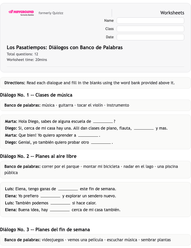 Los Pasatiempos: Diálogos con Banco de Palabras - Dapat dicetak Spanyol Lembar-kerja Kelas 7 - Wayground