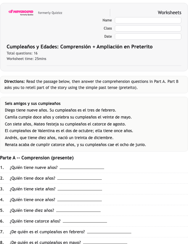 Cumpleaños y Edades: Comprensión + Ampliación en Preterito - Dapat dicetak Spanyol Lembar-kerja Kelas 7 - Wayground
