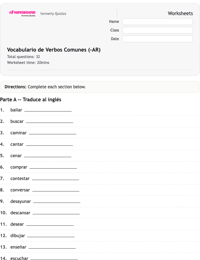 Vocabulario de Verbos Comunes (-AR) - Dapat dicetak Spanyol Lembar-kerja Kelas 7 - Wayground
