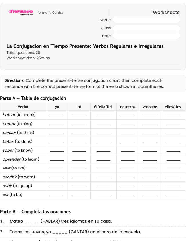 La Conjugacion en Tiempo Presente: Verbos Regulares e Irregulares - Dapat dicetak Spanyol Lembar-kerja Kelas 7 - Wayground