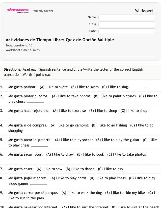 Actividades de Tiempo Libre: Quiz de Opción Múltiple - Dapat dicetak Spanyol Lembar-kerja Kelas 7 - Wayground