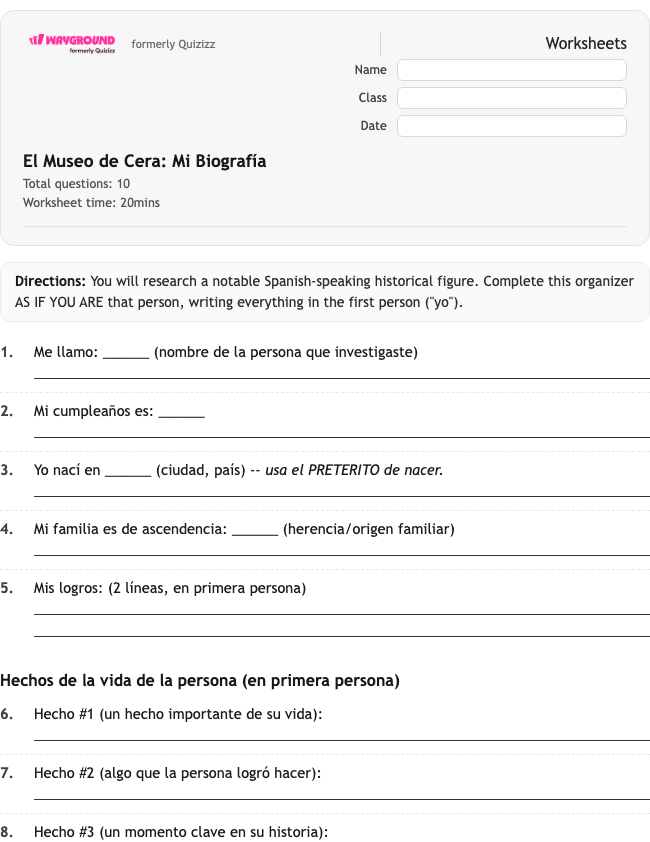 El Museo de Cera: Mi Biografía - Dapat dicetak Spanyol Lembar-kerja Kelas 7 - Wayground
