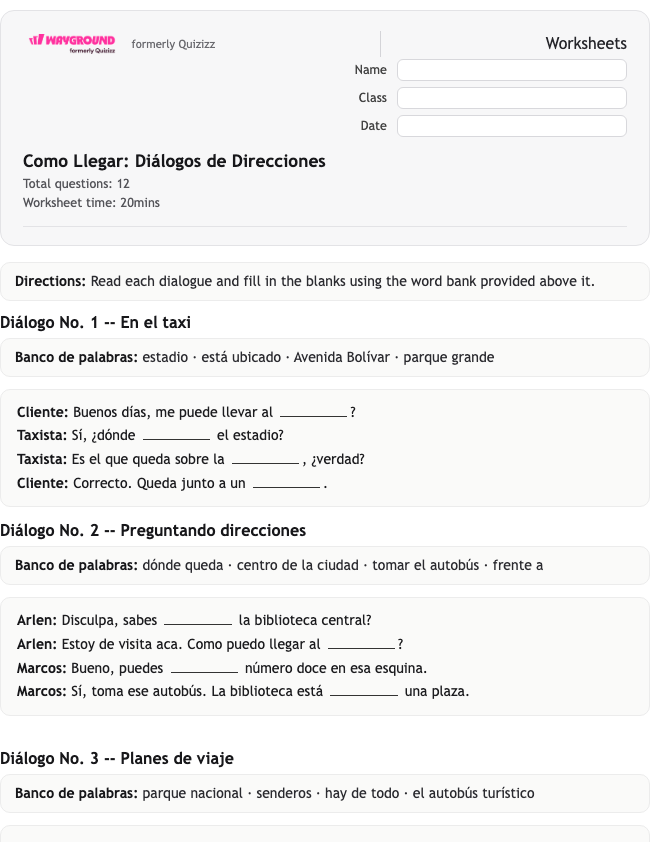 Como Llegar: Diálogos de Direcciones - Dapat dicetak Spanyol Lembar-kerja Kelas 7 - Wayground