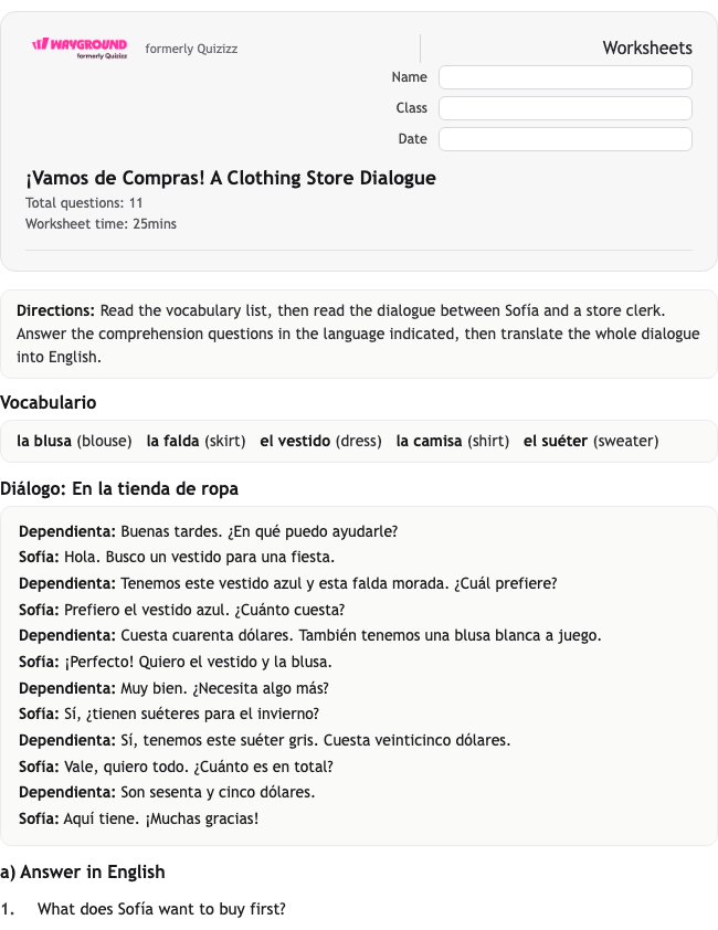 ¡Vamos de Compras! A Clothing Store Dialogue - Dapat dicetak Spanyol Lembar-kerja Kelas 8 - Wayground