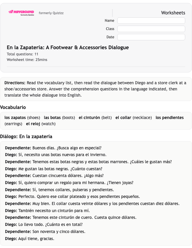 En la Zapatería: A Footwear & Accessories Dialogue - Dapat dicetak Spanyol Lembar-kerja Kelas 8 - Wayground