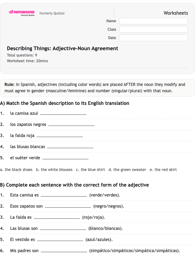 Describing Things: Adjective-Noun Agreement - Dapat dicetak Spanyol Lembar-kerja Kelas 8 - Wayground