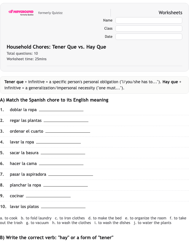 Household Chores: Tener Que vs. Hay Que - Dapat dicetak Spanyol Lembar-kerja Kelas 8 - Wayground