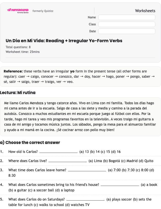 Un Día en Mi Vida: Reading + Irregular Yo-Form Verbs - Dapat dicetak Spanyol Lembar-kerja Kelas 8 - Wayground