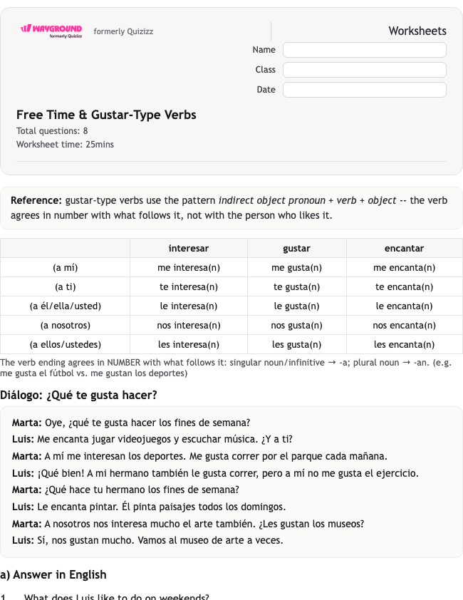 Free Time & Gustar-Type Verbs - Dapat dicetak Spanyol Lembar-kerja Kelas 8 - Wayground