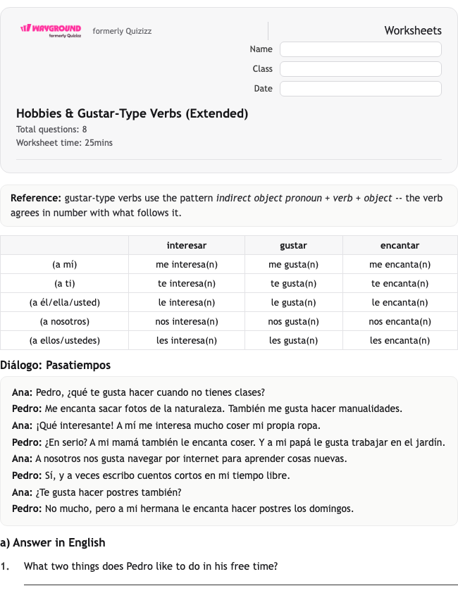 Hobbies & Gustar-Type Verbs (Extended) - Dapat dicetak Spanyol Lembar-kerja Kelas 8 - Wayground