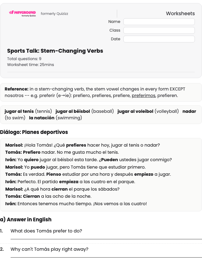 Sports Talk: Stem-Changing Verbs - Dapat dicetak Spanyol Lembar-kerja Kelas 8 - Wayground
