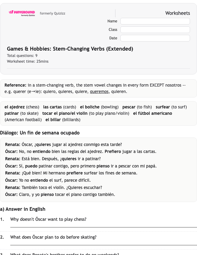 Games & Hobbies: Stem-Changing Verbs (Extended) - Dapat dicetak Spanyol Lembar-kerja Kelas 8 - Wayground