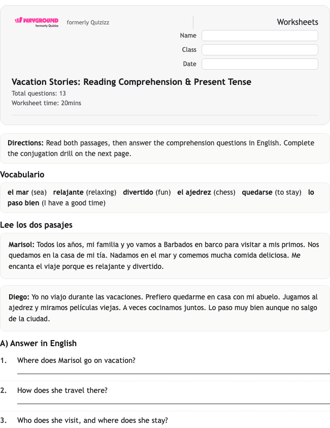 Vacation Stories: Reading Comprehension &amp; Present Tense - Printable Spanyol Lembar-kerja Kelas 9 - Wayground