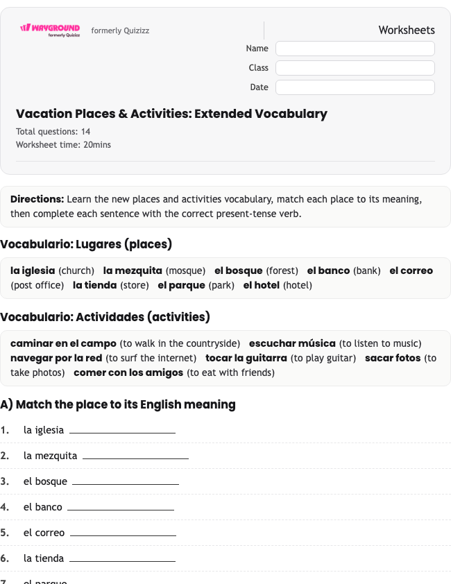 Vacation Places &amp; Activities: Extended Vocabulary - Printable Spanyol Lembar-kerja Kelas 9 - Wayground