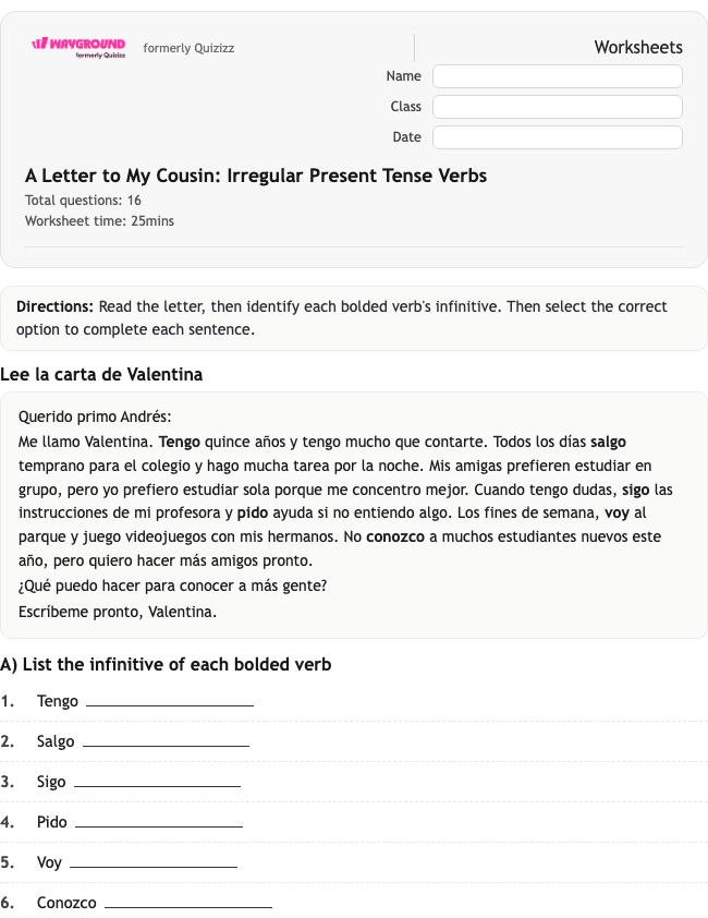 A Letter to My Cousin: Irregular Present Tense Verbs - Printable Spanyol Lembar-kerja Kelas 9 - Wayground