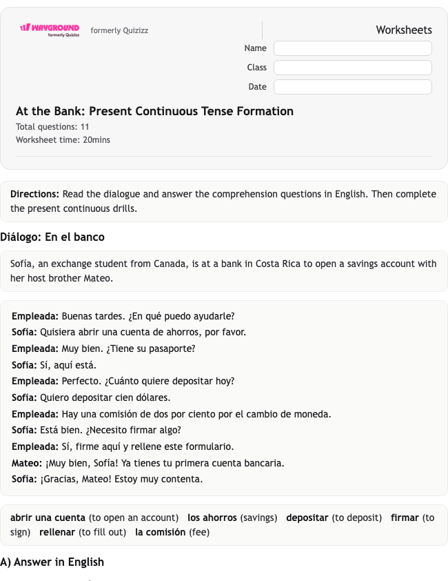 At the Bank: Present Continuous Tense Formation - Printable Spanyol Lembar-kerja Kelas 9 - Wayground