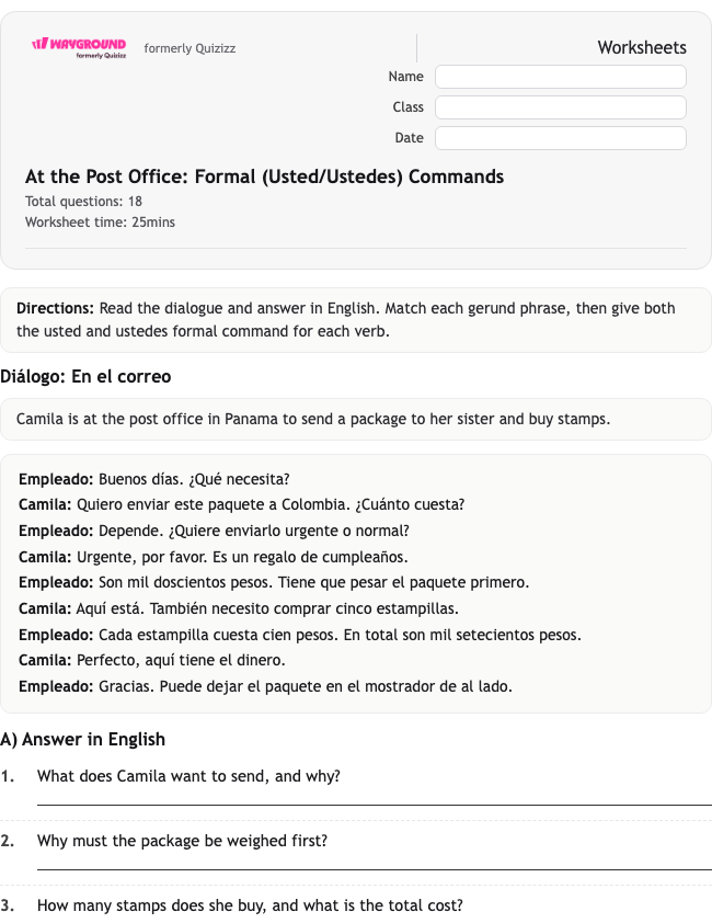 At the Post Office: Formal (Usted/Ustedes) Commands - Printable Spanyol Lembar-kerja Kelas 9 - Wayground