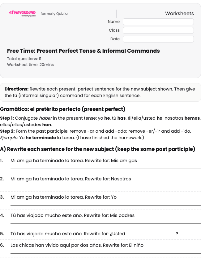 Free Time: Present Perfect Tense &amp; Informal Commands - Printable Spanyol Lembar-kerja Kelas 9 - Wayground