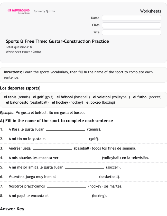 Sports &amp; Free Time: Gustar-Construction Practice - Printable Spanyol Lembar-kerja Kelas 9 - Wayground