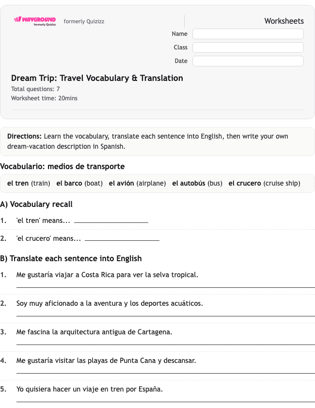 Dream Trip: Travel Vocabulary &amp; Translation - Printable Spanyol Lembar-kerja Kelas 9 - Wayground