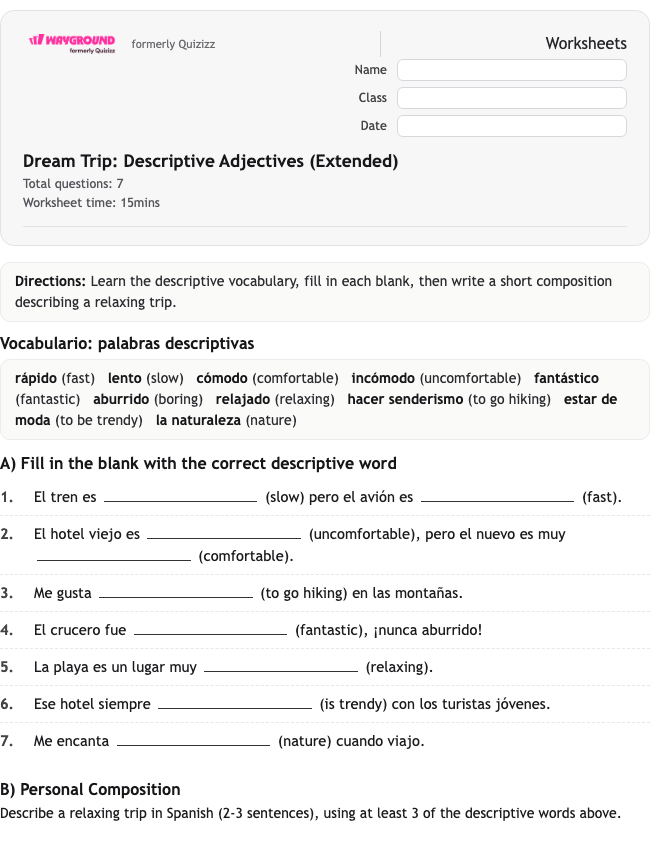 Dream Trip: Descriptive Adjectives (Extended) - Printable Spanyol Lembar-kerja Kelas 9 - Wayground