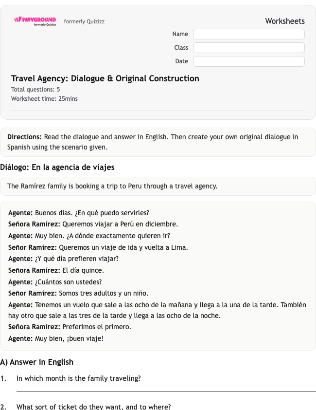 Travel Agency: Dialogue &amp; Original Construction - Printable Spanyol Lembar-kerja Kelas 9 - Wayground