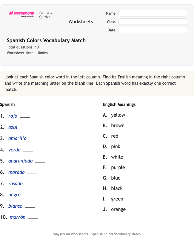 Spanish Colors Vocabulary Match - Printable Tiếng-tây-ban-nha Phiếu-bài-tập - Wayground
