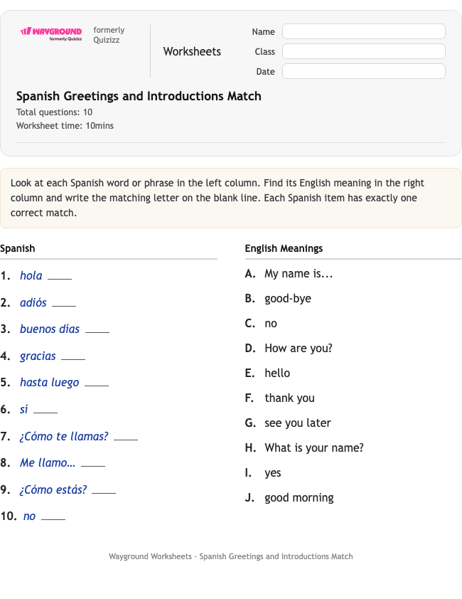 Spanish Greetings and Introductions Match - Printable Tiếng-tây-ban-nha Phiếu-bài-tập - Wayground