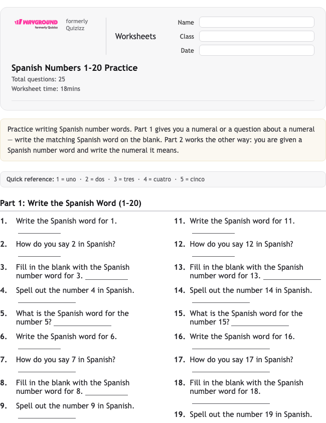 Spanish Numbers 1-20 Practice - Printable Tiếng-tây-ban-nha Phiếu-bài-tập - Wayground