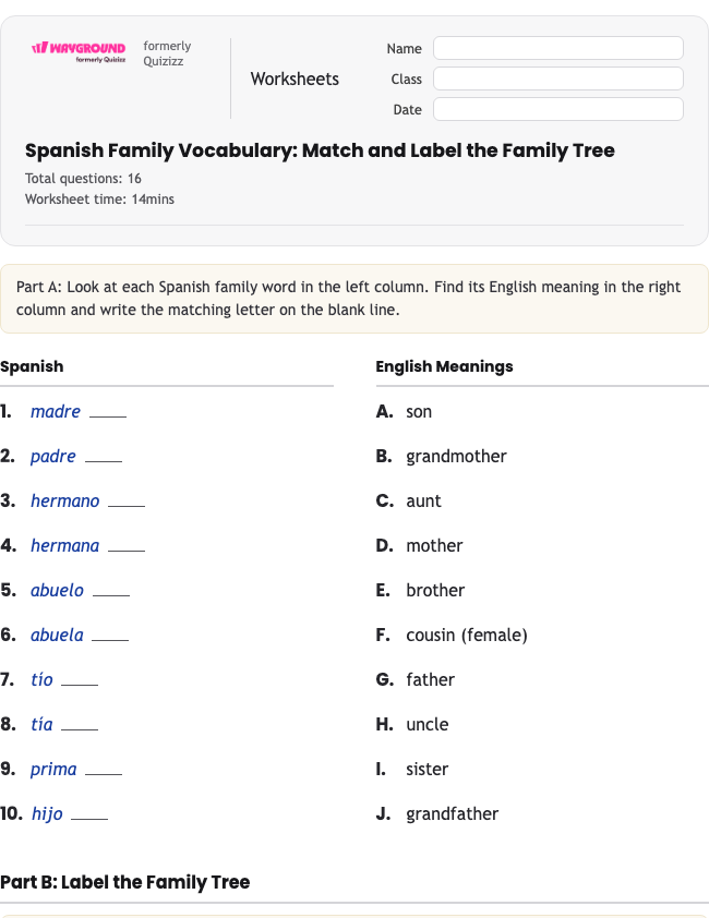 Spanish Family Vocabulary: Match and Label the Family Tree - Printable Tiếng-tây-ban-nha Phiếu-bài-tập - Wayground