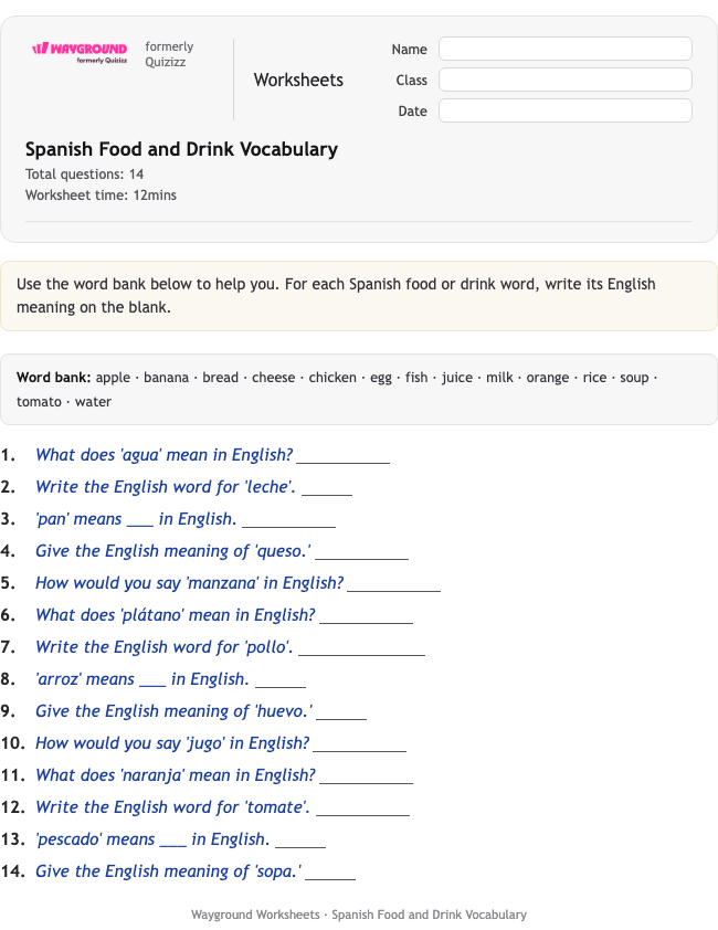 Spanish Food and Drink Vocabulary - Printable Tiếng-tây-ban-nha Phiếu-bài-tập - Wayground
