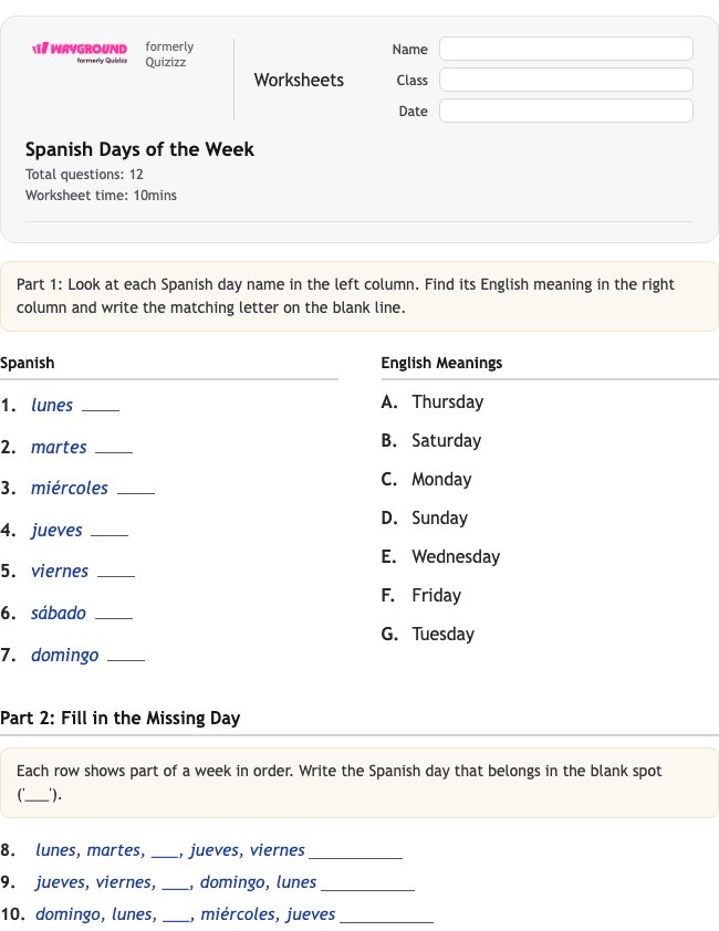 Spanish Days of the Week - Printable Tiếng-tây-ban-nha Phiếu-bài-tập - Wayground