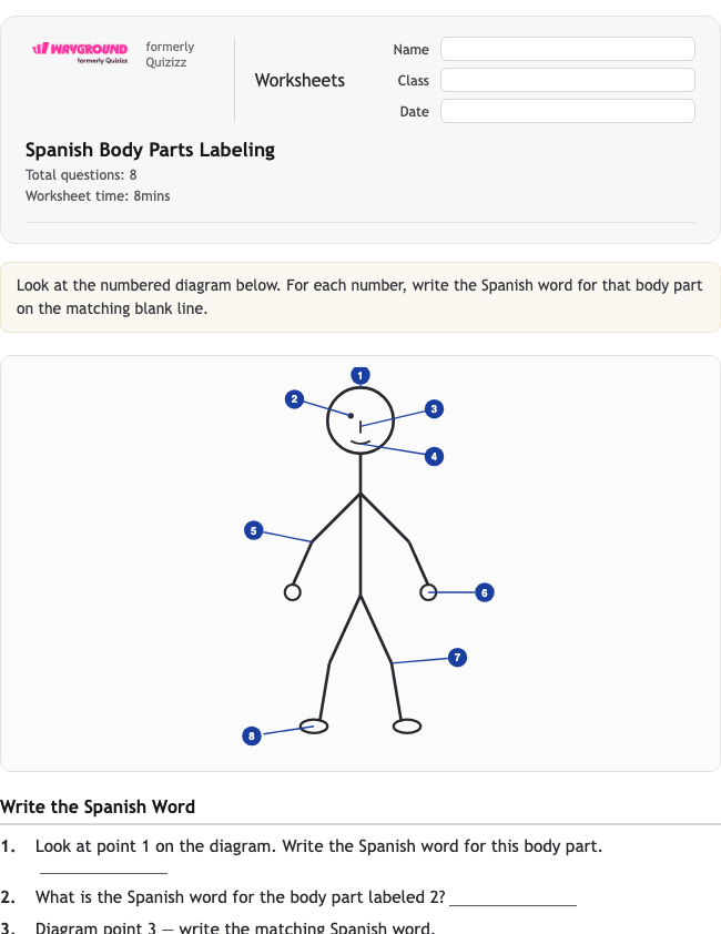 Spanish Body Parts Labeling - Printable Tiếng-tây-ban-nha Phiếu-bài-tập - Wayground