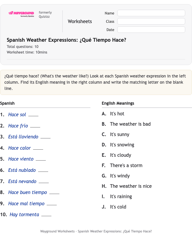 Spanish Weather Expressions: ¿Qué Tiempo Hace? - Printable Tiếng-tây-ban-nha Phiếu-bài-tập - Wayground