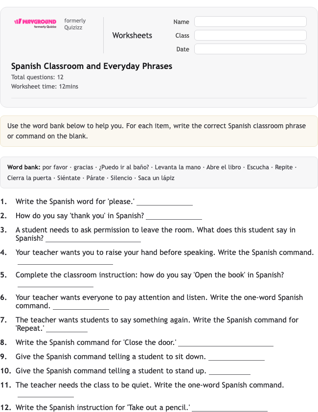 Spanish Classroom and Everyday Phrases - Printable Tiếng-tây-ban-nha Phiếu-bài-tập - Wayground