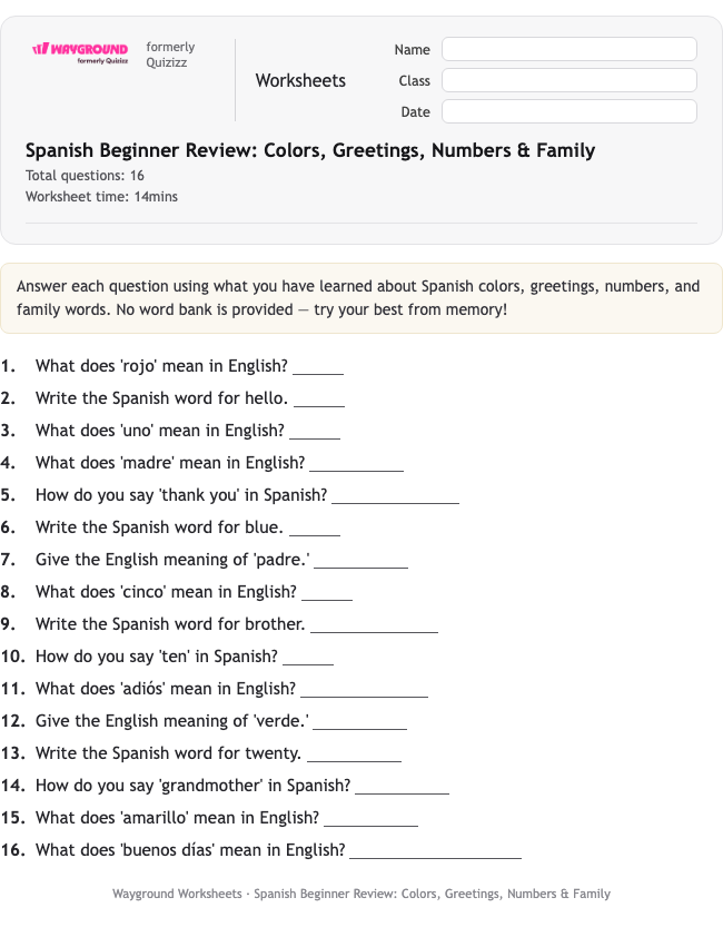 Spanish Beginner Review: Colors, Greetings, Numbers & Family - Printable Tiếng-tây-ban-nha Phiếu-bài-tập - Wayground