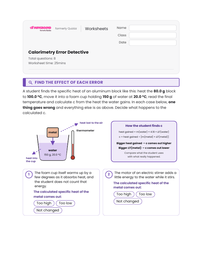 Calorimetry Error Detective - Dapat dicetak Kalor-spesifik Lembar-kerja Kelas 11 - Wayground
