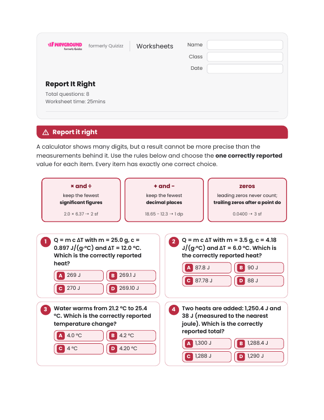 Report It Right - Dapat dicetak Kalor-spesifik Lembar-kerja Kelas 12 - Wayground
