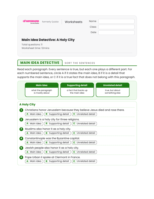 Main Idea Detective: A Holy City - Printable The-crusades Worksheets Grade 6 - Wayground