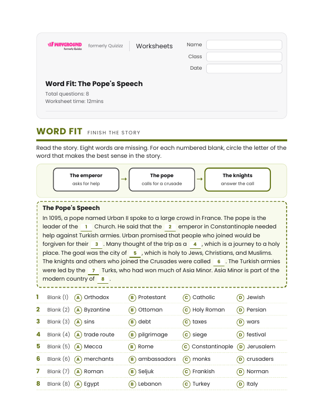 Word Fit: The Pope's Speech - Printable The-crusades Worksheets Grade 6 - Wayground