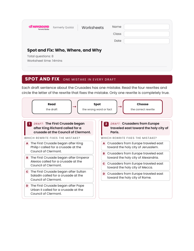 Spot and Fix: Who, Where, and Why - Printable The-crusades Worksheets Grade 6 - Wayground