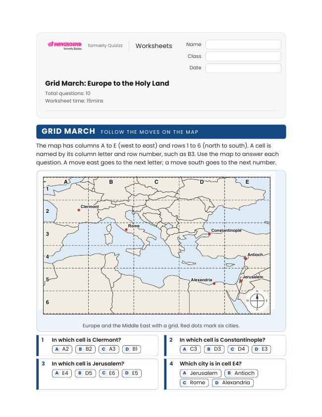 Grid March: Europe to the Holy Land - Printable The-crusades Worksheets Grade 6 - Wayground