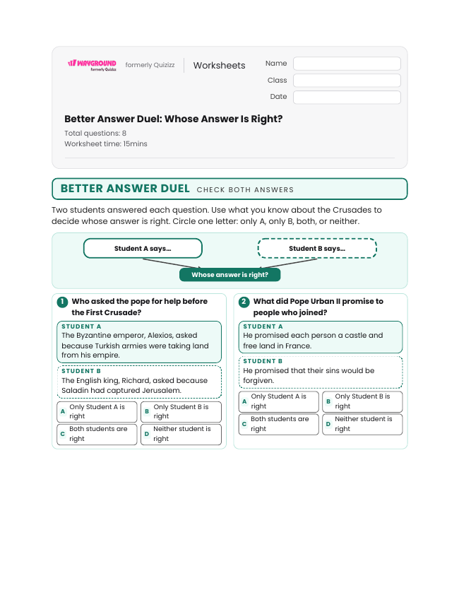 Better Answer Duel: Whose Answer Is Right? - Printable The-crusades Worksheets Grade 6 - Wayground