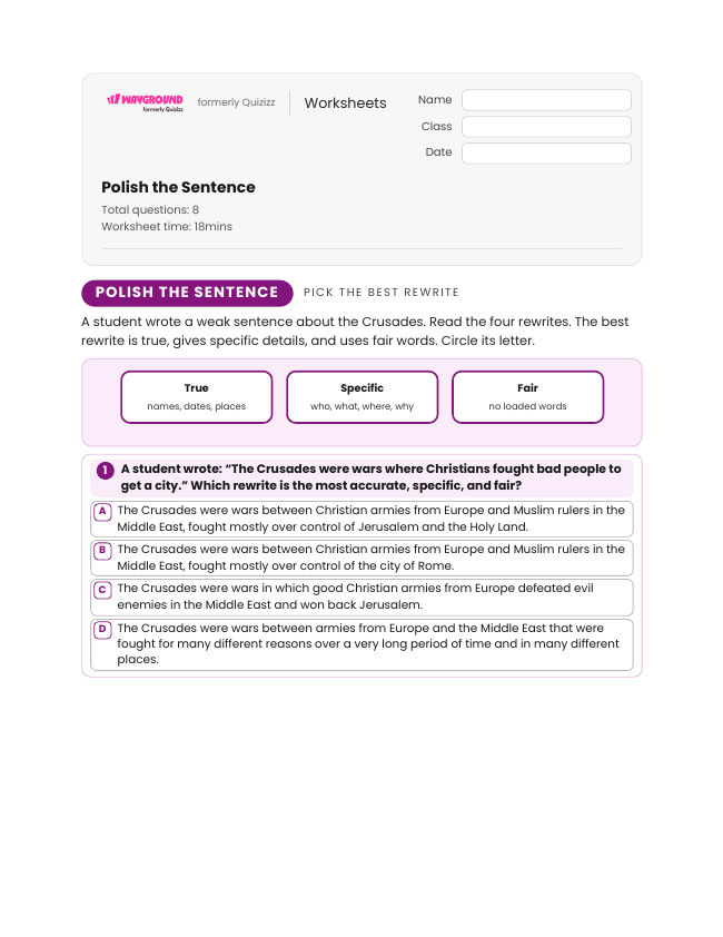 Polish the Sentence - Printable The-crusades Worksheets Grade 6 - Wayground