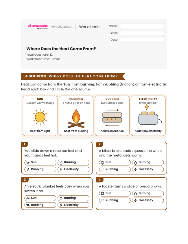 Where Does the Heat Come From? - Imprimible Energía-térmica Hojas-de-trabajo Grado 3 - Wayground