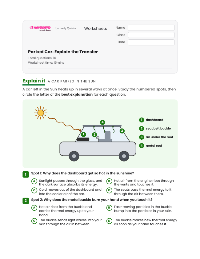 Parked Car: Explain the Transfer - Imprimible Energía-térmica Hojas-de-trabajo Grado 6 - Wayground