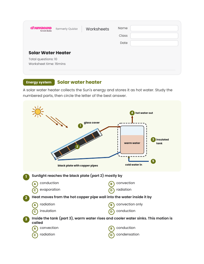 Solar Water Heater - Imprimible Energía-térmica Hojas-de-trabajo Grado 7 - Wayground