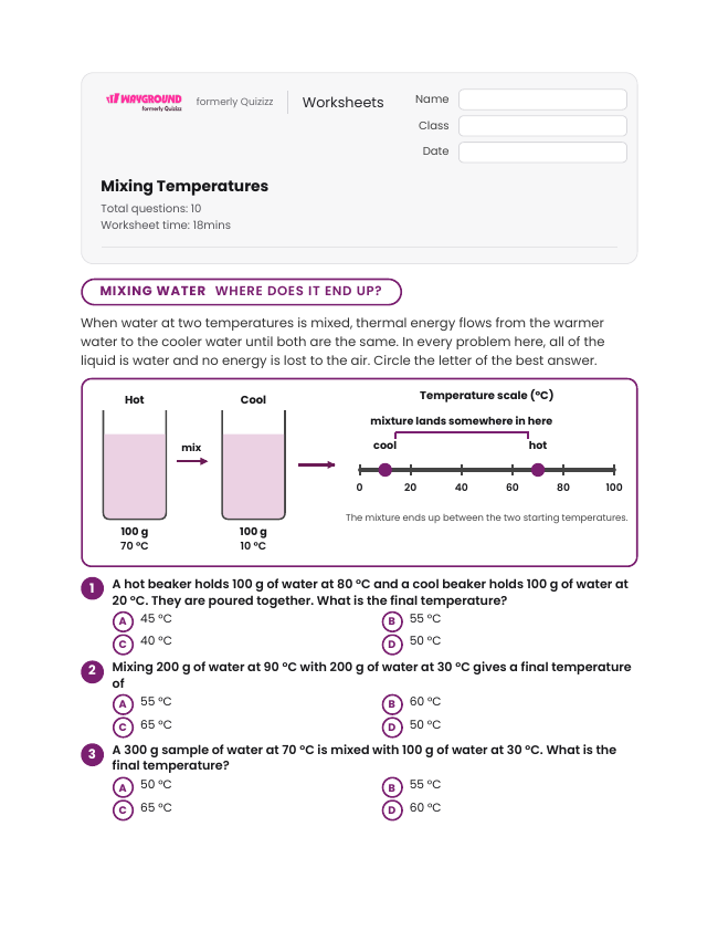 Mixing Temperatures - Imprimible Energía-térmica Hojas-de-trabajo Grado 7 - Wayground