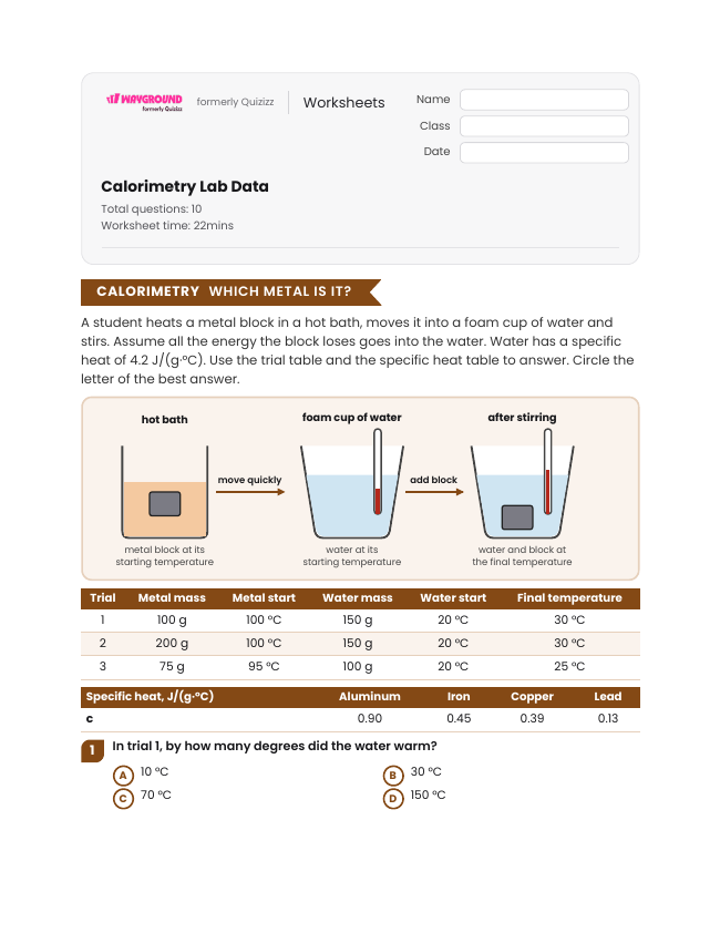 Calorimetry Lab Data - Imprimible Energía-térmica Hojas-de-trabajo Grado 8 - Wayground